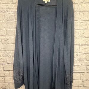Umgee 1XL Plus Blue Waffle Knit Cardigan Lace Trim Sleeve Open Front Boho